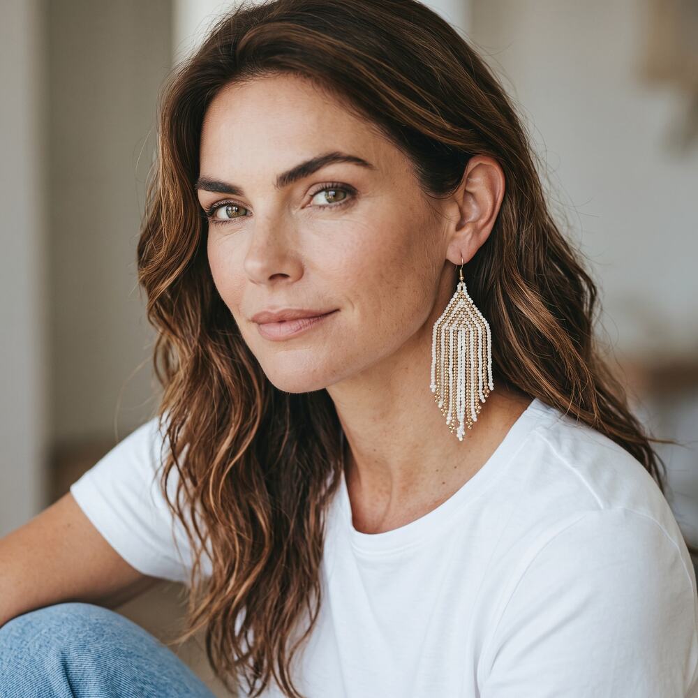 Plunder Beaded Fringe Earrings Ivory Gold Long Tassel Statement Earrings